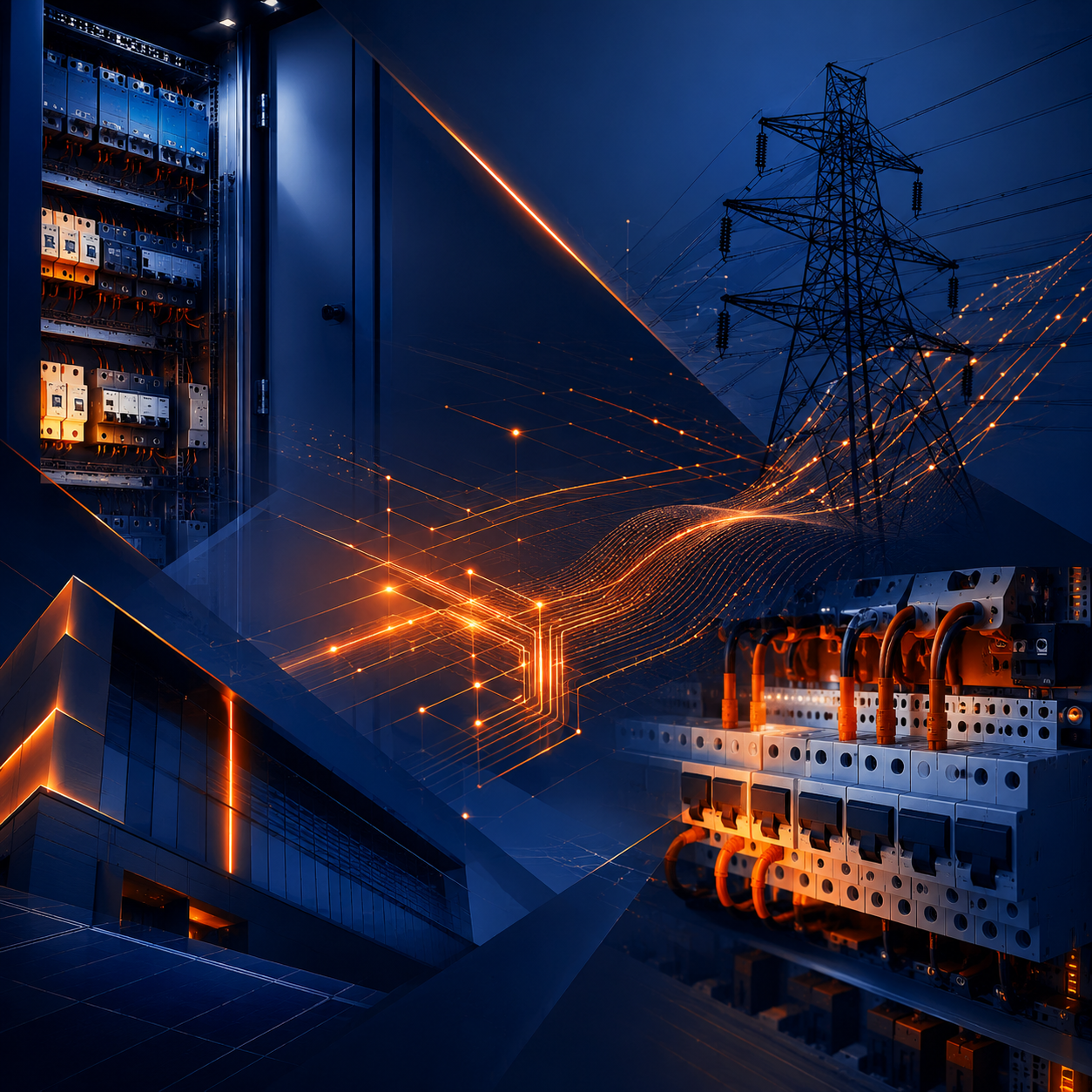 Engenheiro eletricista analisando projeto elétrico em tablet sobre planta técnica, mesa com laudos e ART, escritório técnico moderno, paleta azul-marinho e laranja, fotografia realista